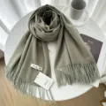Solid color cashmere winter scarf for women, elegant warm fringed shawl and neck warmer. - 23# Light Grey Green