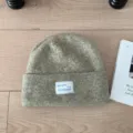 Winter wool blend knit beanie hat for women, thick warm slouchy skull cap with woven label. - One Size / Khaki