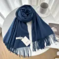 Solid color cashmere winter scarf for women, elegant style with fringe, dark blue variant. - 30# Navy Blue