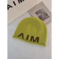 Yellow-Green Wool Knit Beanie Hat with Letter Pattern, Cozy Autumn Winter Warm Ski Cap Style - One Size / Matcha Green