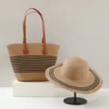Woven straw tote bag and sun hat set, summer beach style with black stripes and brown handles. - Khaki + Black (Hat + Bag)