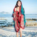 Ethnic boho print cotton linen beach scarf variant showing vibrant colors and stylish fringe details. - Classic Blue Pattern