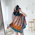 Ethnic geometric print cotton linen scarf, colorful tassel shawl for beach and sun protection. - Argyle