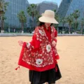 Ethnic floral print tassel scarf women beach sun protection shawl wrap summer accessory - 5 Ethnic Style White Flowers on Red