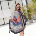 Ethnic style printed cotton linen tassel scarf women beach shawl sun protection wrap - 7 Ethnic Style Black Circular Border