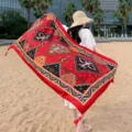 Écharpe imprimée rouge à franges style ethnique, châle de plage et protection solaire. - 12# Bord rouge