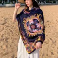 Ethnic style printed tassel scarf women beach travel sun protection shawl dark blue paisley. - 15 Ethnic Style Peony Navy Blue
