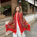 Ethnic style printed cotton linen tassel scarf women beach shawl sun protection AC room wrap - 21 Ethnic Style Classic Red