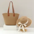 Conjunto de bolso tote y sombrero de paja para mujer, elegante bolso tejido de playa y sombrero. - Solo Sombrero / Sombrero de Paja Lazo Tapa Plana - Caqui