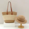 Bolso tote de paja tejida y sombrero de sol a juego, bolsa de playa grande de verano para mujer. - Solo Sombrero / Sombrero Tapa Plana Cinturón - Caqui