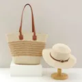 Bolso tote de paja tejida y sombrero de sol de verano a juego, gran bolso de playa para mujer. - Solo Sombrero / Sombrero Tapa Plana Cinturón - Beige