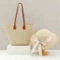 Conjunto de bolso shopper de paja tejida y sombrero de sol para mujer, gran bolso de playa. - Solo Sombrero / Sombrero de Paja Lazo Tapa Plana - Beige