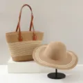 Woven Straw Tote Bag and Wide Brim Sun Hat Set Khaki Summer Beach Commuter Handbag - Khaki + Beige (Hat + Bag)