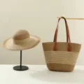 Women's straw beach tote bag and matching sun hat set, French style woven commuting handbag. - Fine Khaki Stripe + Beige (Hat + Bag)