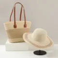 Women straw woven tote bag and sun hat set, large capacity beach vacation commuting bag. - Beige + Khaki (Hat + Bag)