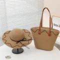 Stroh gewebte Tasche und Sonnenhut Set, grosse Kapazitats Strandtasche mit Ledergriffen. - Einzelner Hut / Khaki