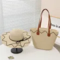 Sommer Strohgewebte Tote Tasche und Sonnenhut Set, groessere Kapazitaet Strandtasche Tasche. - Einzelner Hut / Beige