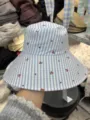 Blue white striped bucket hat with cute strawberry print, wide brim casual sun hat for women. - Small Rose Blue