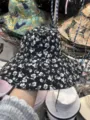 Damen Blumen Fischerhut Sommer Freizeit breite Krempe Sonnenhut retro Strand Mütze mooi - Blume Schwarz