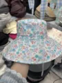 Floral print bucket hat, wide brim basin hat, casual spring and autumn sun protection headwear. - Small Flower Blue-Green