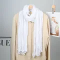 White crinkled long scarf for women, lightweight solid color shawl and wrap for spring. - White