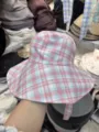 Women large brim bucket hat pink blue plaid trendy casual sun protection basin hat - Grid Pink