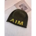 Green wool knit beanie hat with yellow AIM letter, stylish autumn winter warm casual cap. - One Size / Army Green