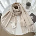 Solid color cashmere feel winter scarf for women, elegant tassel design, warm cozy neck wrap. - Beige