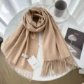 Solid color cashmere scarf for women winter, cozy warm fringe shawl, elegant daily wear style. - 35# Beige Camel