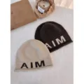 Wool blend knitted beanie hat for women, winter warm letter embroidered casual cold cap - One Size / Apricot