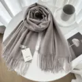 Soft cashmere winter scarf for women, elegant solid grey warm shawl with classic fringes. - 38# Shrimp Pink