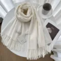 White cashmere feel winter scarf for women, elegant tassel design, cozy and warm apparel. - 39# Milk White