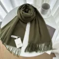 Solid color cashmere scarf, olive green winter warm scarf with elegant fringe design SKU - 40# Army Green