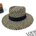 Black white woven straw fedora hat with blue ribbon, stylish summer beach sun hat. - M (56-58cm) / Black (Black Strap)
