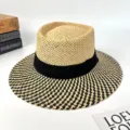 French style color block dented top straw hat summer travel sun protection beach hat top - M (56-58cm) / Khaki (Black Ribbon)