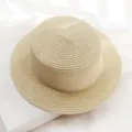 Women Summer Straw Hat Flat Top Sun Hat Beach Sunshade Woven Cap Elegant Casual Outdoor - Beige