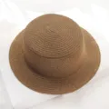 Women's brown flat top straw hat summer foldable sun protection beach outdoor sunhat. - Coffee