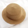 Women's woven straw sun hat top view flat top summer beach outdoor sun protection hat khaki - Khaki