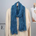 Women solid blue crinkle scarf elegant long lightweight neckerchief for spring sun protection. - Peacock Blue
