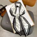Chic black and white striped long silk scarf, versatile ribbon for hair, neck or bag styling. - Black-Edge English Letters
