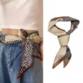 Long silk scarf ribbon, brown houndstooth chevron pattern, stylish neckerchief for women. - Champagne