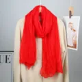 Solid red crinkled bali yarn scarf, long lightweight versatile shawl for women spring wear. - Bright Red