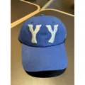 Blue washed vintage baseball cap with white YY embroidery, casual adjustable streetwear hat. - Blue