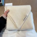 Beige knitted short scarf, cozy solid color winter warm neck wrap for women daily wear. - Off White