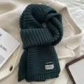 Detail view of the dark green knitted winter scarf showcasing soft texture and woven label design. - Dark Green