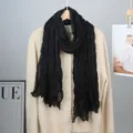 Black crinkled sheer scarf for women, solid color lightweight long fashion shawl wrap. - Black