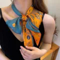 Elegant blue-orange leaf print long silk scarf, stylish neck ribbon for women shirts. - Leaf Bell Blue