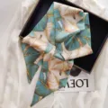 Green tropical leaf print long silk scarf elegant ribbon necktie for women shirt styling. - Emerald Gold Silk