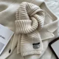 Cozy beige knit scarf for women, thick winter warm wool blend fashion neck warmer. - Off White