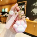 Leuke roze kattenpoot sleutelhanger met bandje, creatieve metalen ring tas hanger voor meiden. - Kattenpoot - Roze
